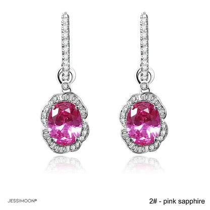 7*9mm Oval Sapphire/Ruby Floral Dangle Hoops