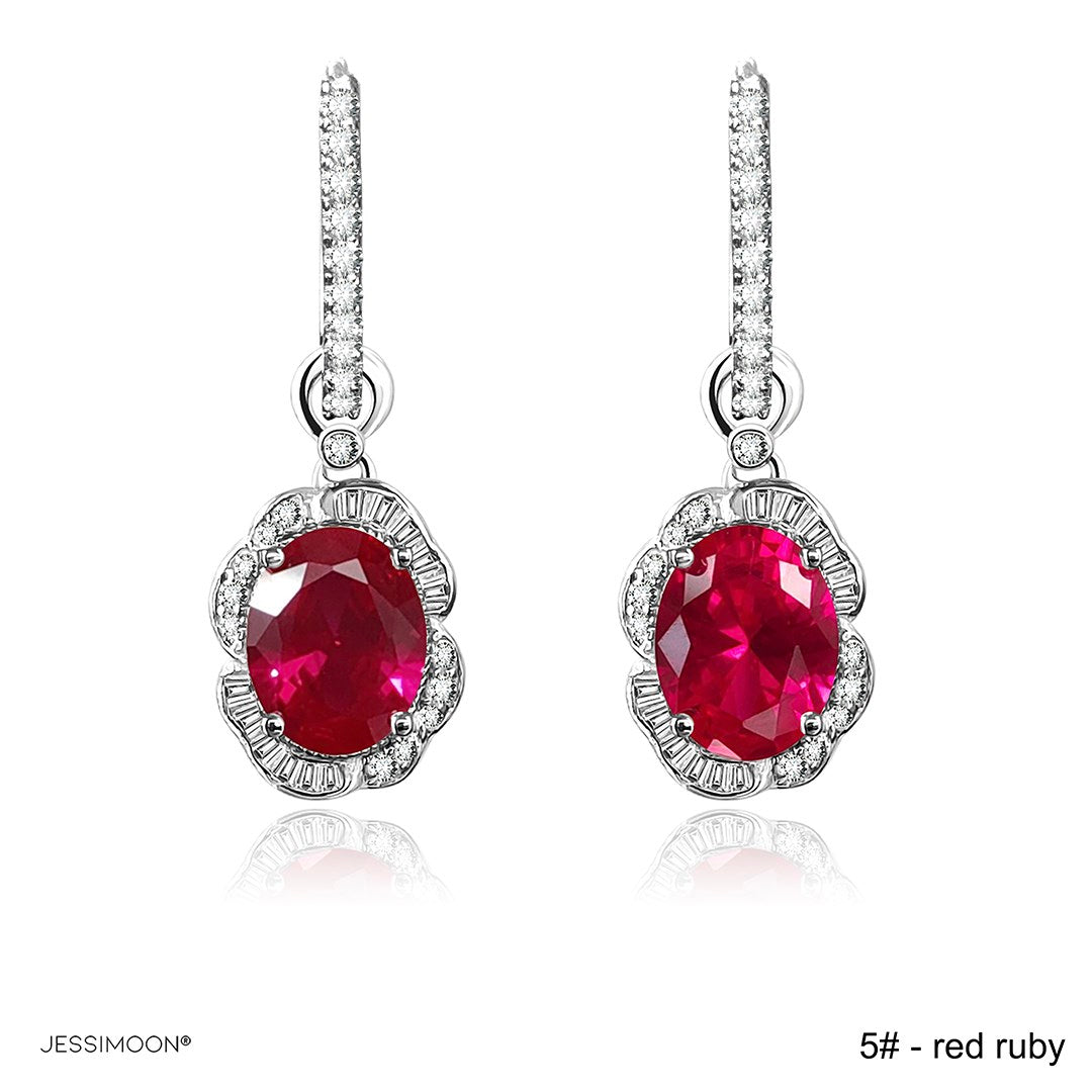 7*9mm Oval Sapphire/Ruby Floral Dangle Hoops