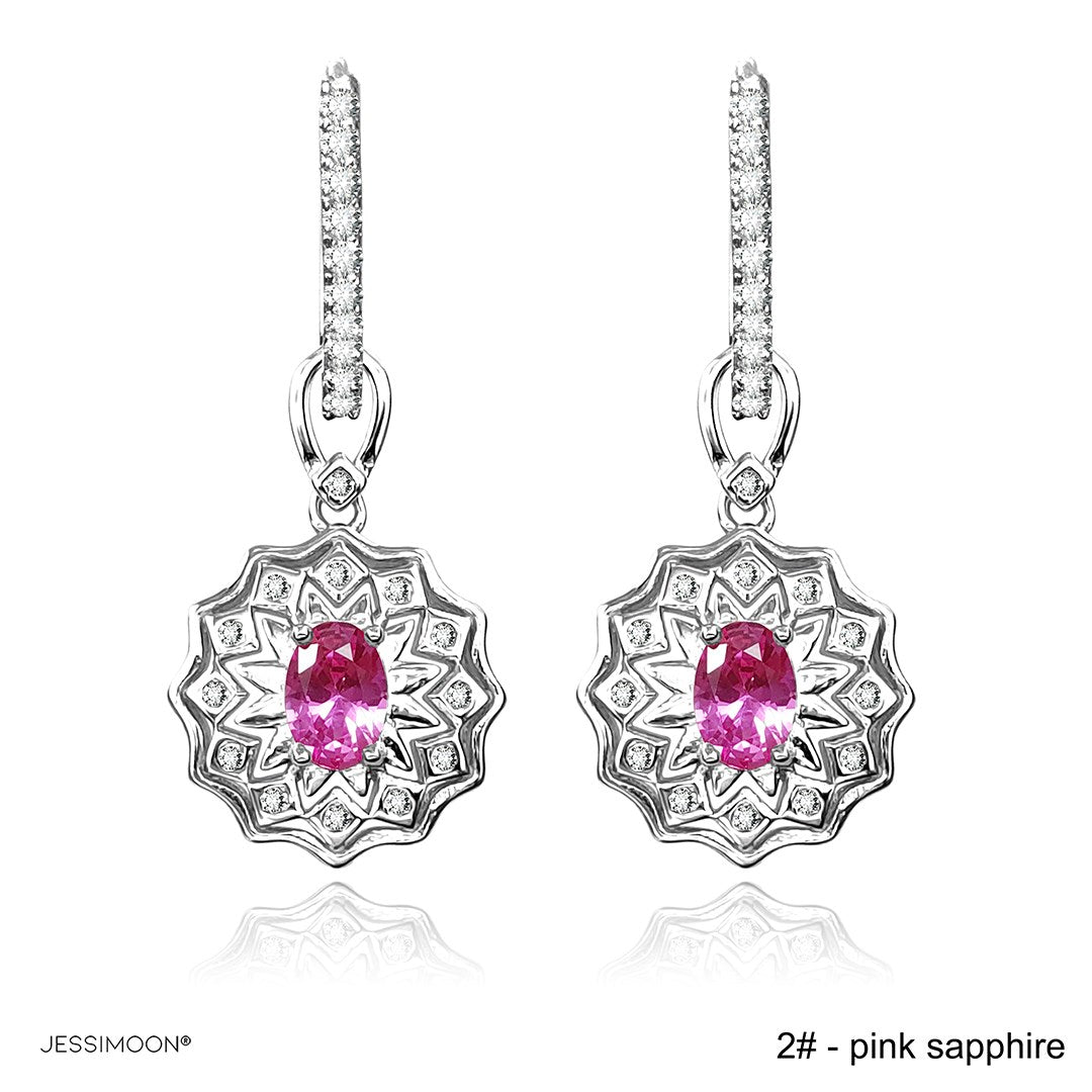 4*6mm Oval Sapphire/Ruby Sunflower Dangle Hoops