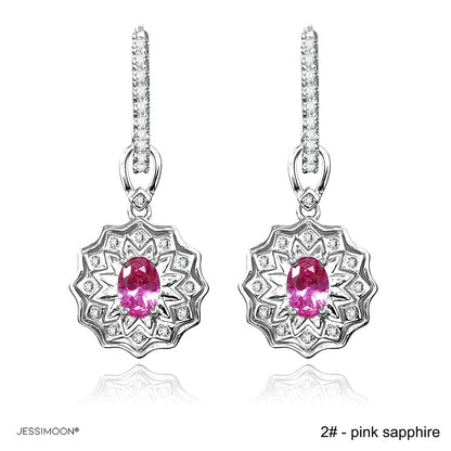 4*6mm Oval Sapphire/Ruby Sunflower Dangle Hoops