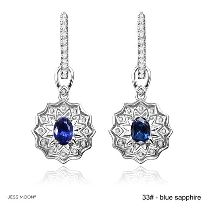 4*6mm Oval Sapphire/Ruby Sunflower Dangle Hoops