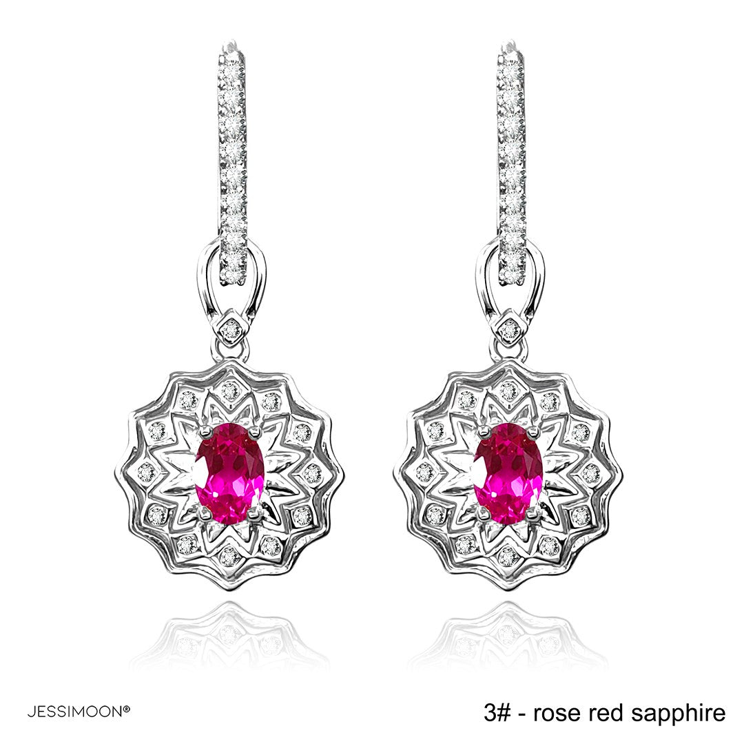 4*6mm Oval Sapphire/Ruby Sunflower Dangle Hoops