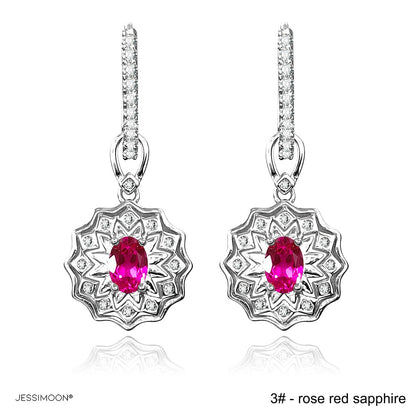 4*6mm Oval Sapphire/Ruby Sunflower Dangle Hoops
