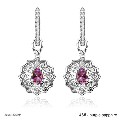 4*6mm Oval Sapphire/Ruby Sunflower Dangle Hoops