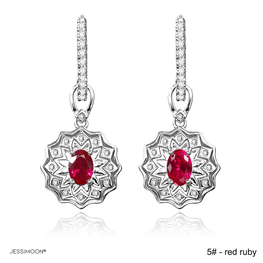 4*6mm Oval Sapphire/Ruby Sunflower Dangle Hoops