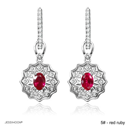 4*6mm Oval Sapphire/Ruby Sunflower Dangle Hoops