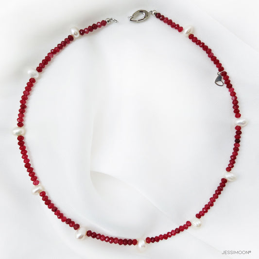 Ruby Beads and Pear Pearls Choker, 15"