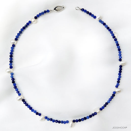 Blue Sapphire Beads and Pear Pearls Choker, 15"