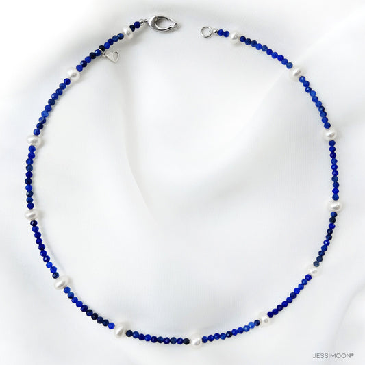 Tiny Blue Sapphire Beads and Pearls Choker, 15"