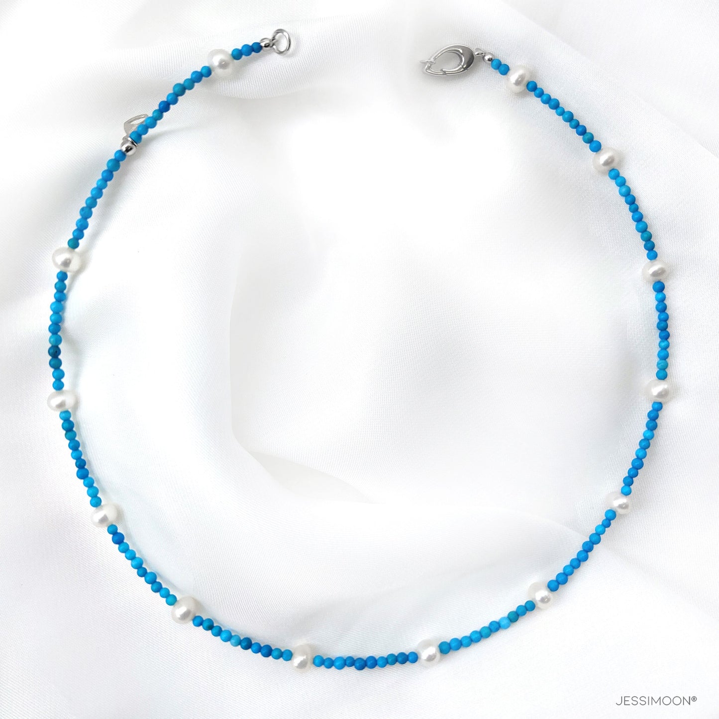 Tiny Blue Magnesite Beads and Pearls Choker, 15"