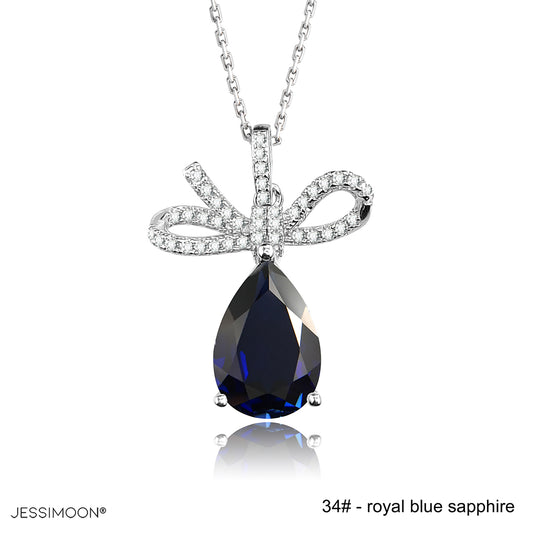 8*12mm Blue Sapphire Elegant Bow Pendant Necklace, 5+ Gemstone Options, 10.5"-20" Adjustable