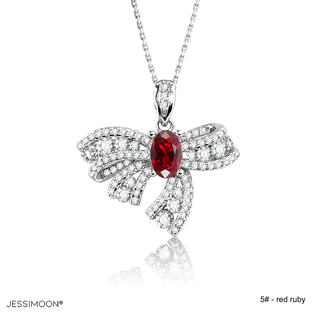 4*6mm Red Ruby Luxury Bow Pendant Necklace, 12 Birthstone Options, 10.5"-20" Adjustable