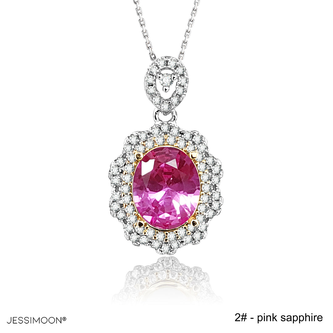 7*9mm Pink Sapphire Two Tones Floral Pendant Necklace, 12 Birthstone Options, 10.5"-20" Adjustable