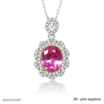 7*9mm Pink Sapphire Two Tones Floral Pendant Necklace, 12 Birthstone Options, 10.5"-20" Adjustable