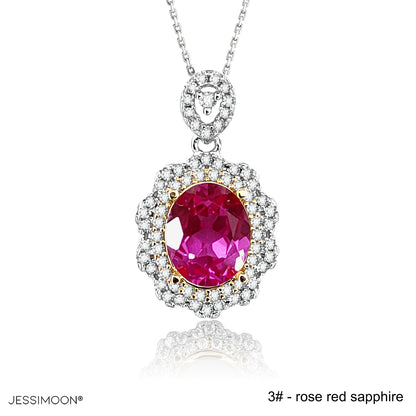 7*9mm Pink Sapphire Two Tones Floral Pendant Necklace, 12 Birthstone Options, 10.5"-20" Adjustable