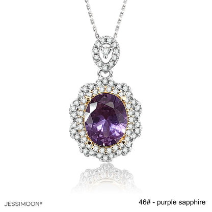 7*9mm Pink Sapphire Two Tones Floral Pendant Necklace, 12 Birthstone Options, 10.5"-20" Adjustable