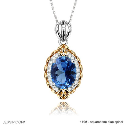 7*9mm Blue Sapphire Two Tones Vintage Design Pendant Necklace, 12 Birthstone Options, 10.5"-20" Adjustable