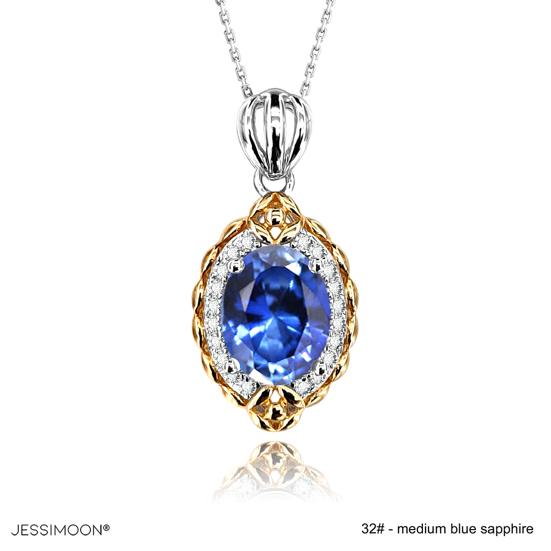 7*9mm Blue Sapphire Two Tones Vintage Design Pendant Necklace, 12 Birthstone Options, 10.5"-20" Adjustable