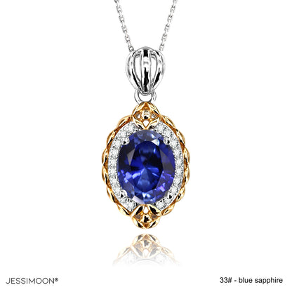 7*9mm Blue Sapphire Two Tones Vintage Design Pendant Necklace, 12 Birthstone Options, 10.5"-20" Adjustable