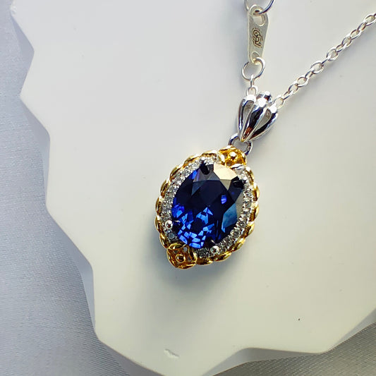 7*9mm Blue Sapphire Two Tones Vintage Design Pendant Necklace, 12 Birthstone Options, 10.5"-20" Adjustable