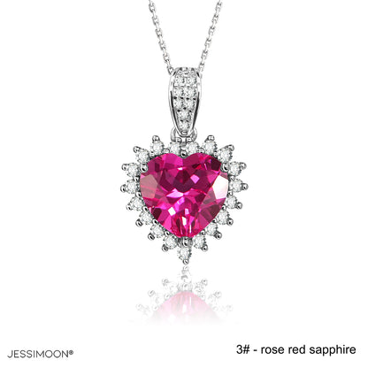 8mm Heart Cut Ruby Halo Pendant Necklace, 7+ Gemstone Options, 10.5"-20" Adjustable