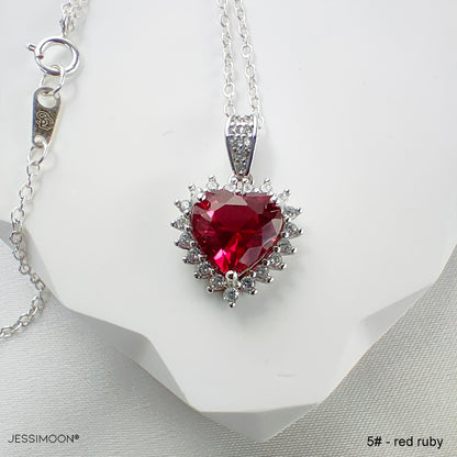 8mm Heart Cut Ruby Halo Pendant Necklace, 7+ Gemstone Options, 10.5"-20" Adjustable