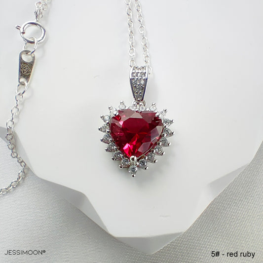 8mm Heart Cut Ruby Halo Pendant Necklace, 7+ Gemstone Options, 10.5"-20" Adjustable