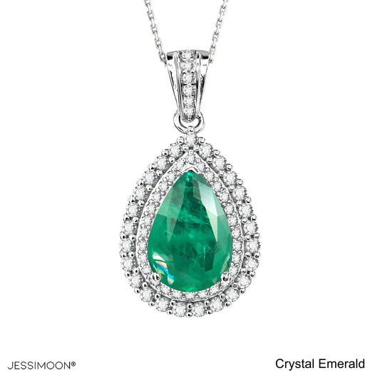 8*12mm Pear Crystal Emerald Double Halo Pendant Necklace, 5+ Gemstone Options, 10.5"-20" Adjustable