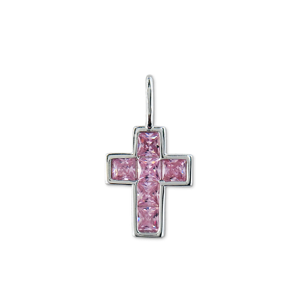 Cross Charm with Pink CZ, Medium